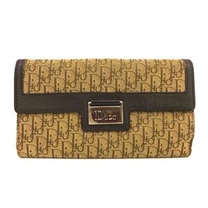 Dior Christian Dior Oblique Trotter Canvas Leather Long Bifold Wallet Beige